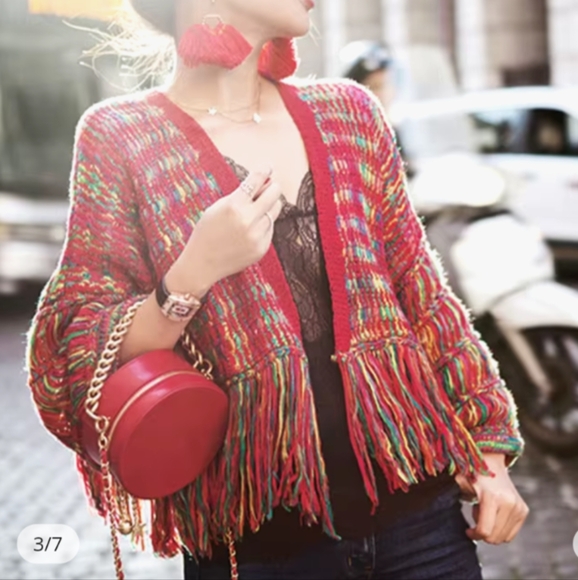 ADORA Sweaters - ADORA Cropped Sweater Pink Boho Crochet Fringe Deep V Neck Bell Sleeves Sz S/M